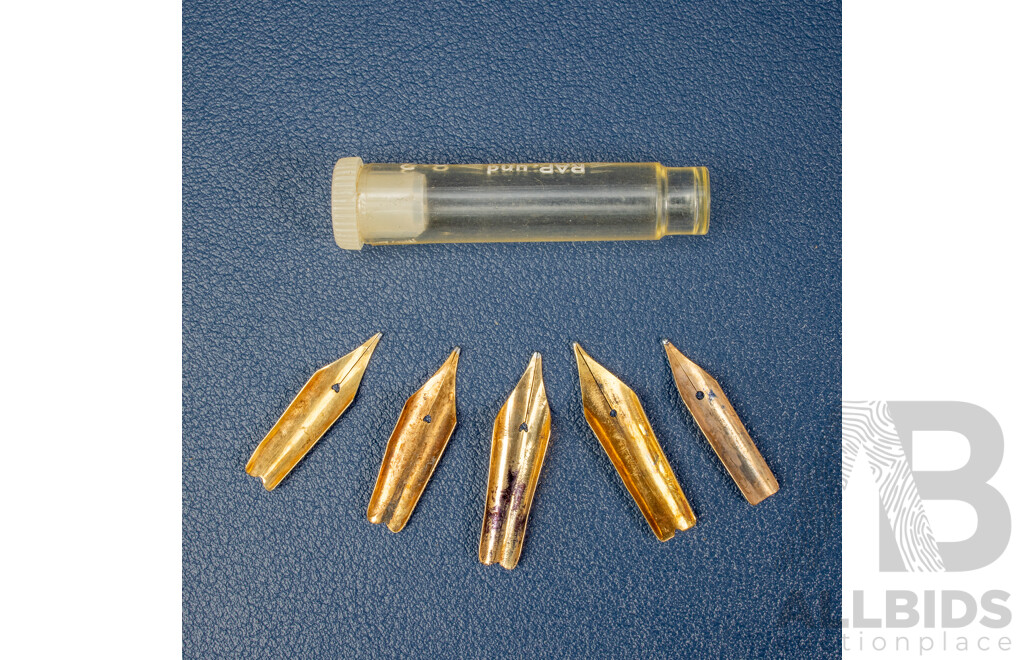 Five Vintage 14ct Gold Pen Nibs Including Parker, Conklin Toledo, Conway Stewart and Onoto with Seven Fountain Pens, Perry & Co, Eagle