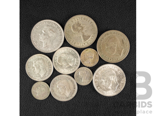 Australian Silver Predecimal Coins Including Four Florins 1943S, 1946, 1947, 1954 Royal Visit, Three Shillings 1946, 1950, 1953, Three Threepence 1950, 1957, 1959