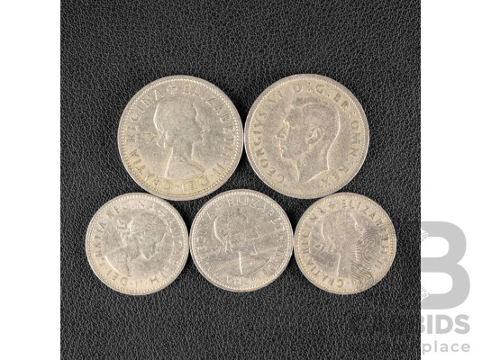 Two Great Britain Two Shillings 1948, 1955 and Three One Shillings 1954, 1955, 1963
