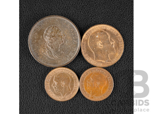 Great Britain 1799 KGIII Half Penny, 1908 KEVII Half Penny, 1928 KGV Farthing, 1932 Farthing