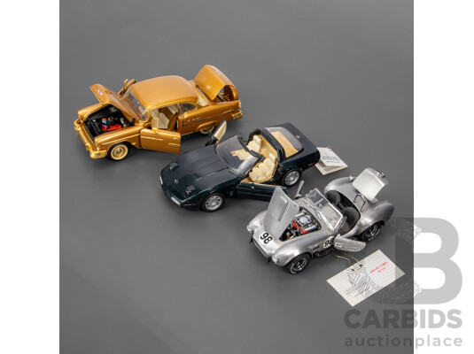 Three Franklin Mint Diecast Classic American Cars Including 1955 Chevrolet Belair, 1993 Corvette ZR-1, 1965 Shelby Cobra 427 S/C