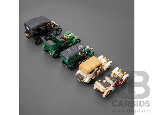 Five Franklin Mint Diecast Classic Cars Including 1913 Ford Model T, 1907 Rolls Royce Silver Ghost, 1911 Rolls Royce Tourer, 1905 Rolls Royce Open Top, 1904 Mercedes Simplex