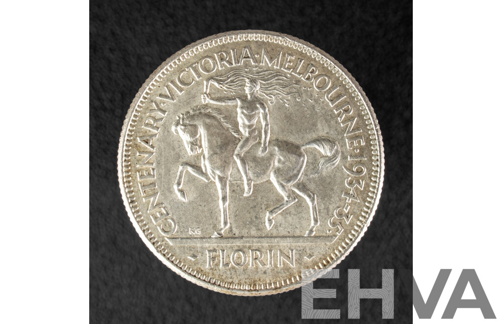 Rare Australian 1934-35 Silver KGV Florin, Commemorative Victoria Centenary, High Grade .925