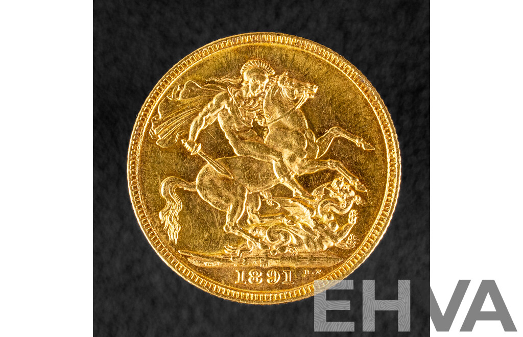 Australian 1891 QV Gold Sovereign, Melbourne Mint .917