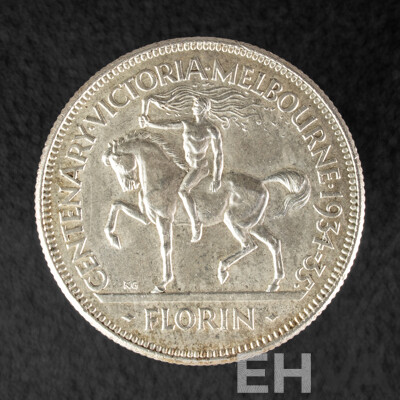 Rare Australian 1934-35 Silver KGV Florin, Commemorative Victoria Centenary, High Grade .925