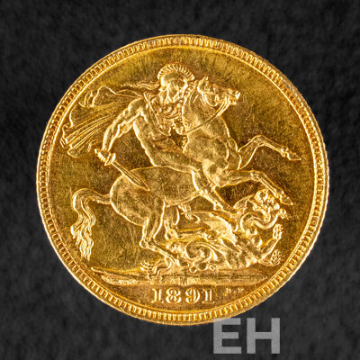 Australian 1891 QV Gold Sovereign, Melbourne Mint .917