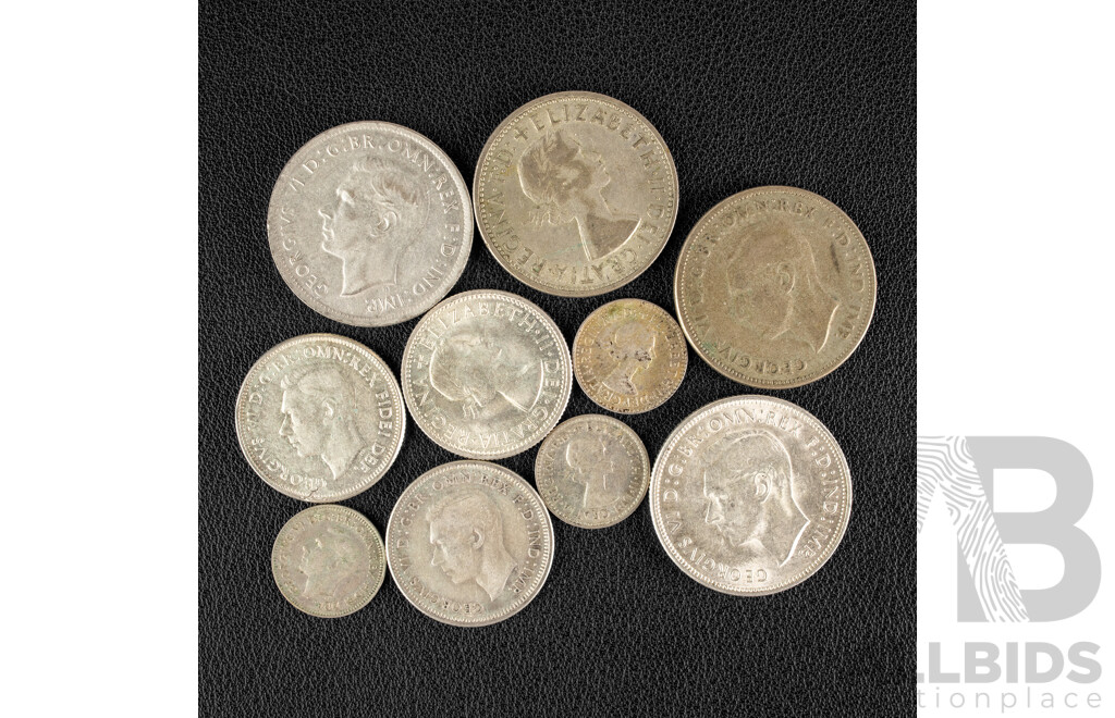 Australian Silver Predecimal Coins Including Four Florins 1943S, 1946, 1947, 1954 Royal Visit, Three Shillings 1946, 1950, 1953, Three Threepence 1950, 1957, 1959