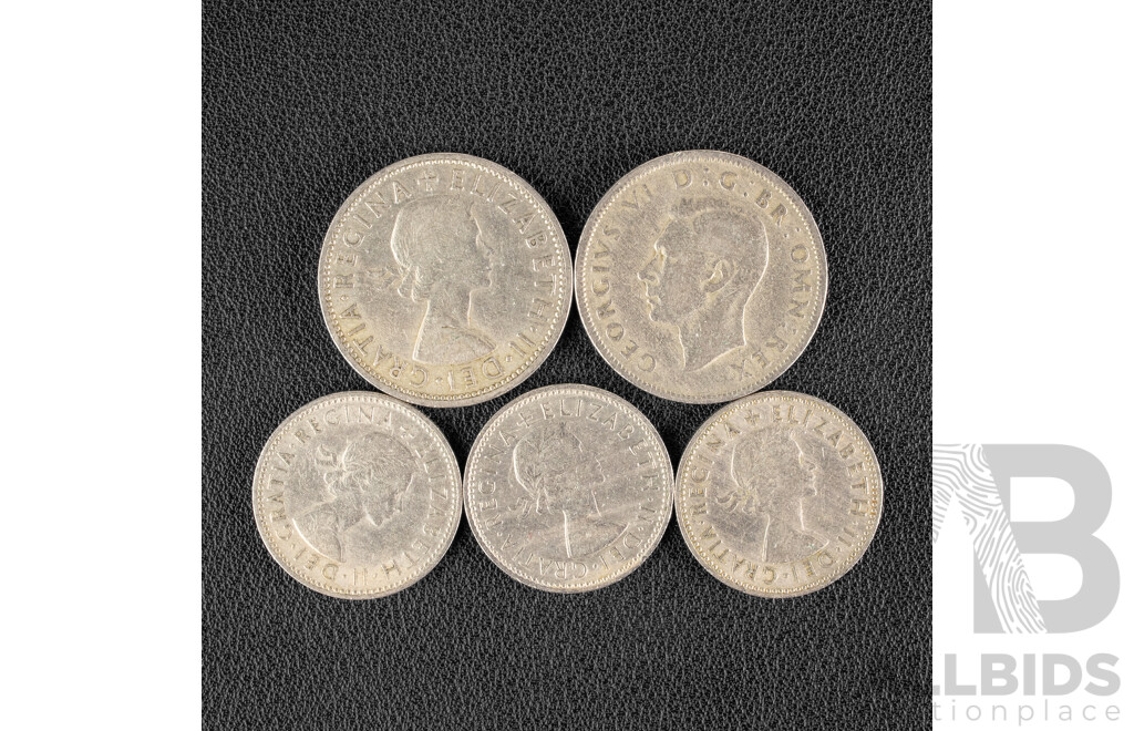 Two Great Britain Two Shillings 1948, 1955 and Three One Shillings 1954, 1955, 1963