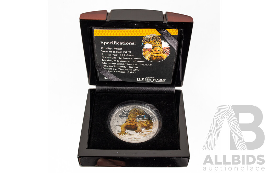 Tuvalu Perth Mint 2016 Silver Proof Coloured One Dollar, Australia's Remarkable Reptiles, Goanna .999