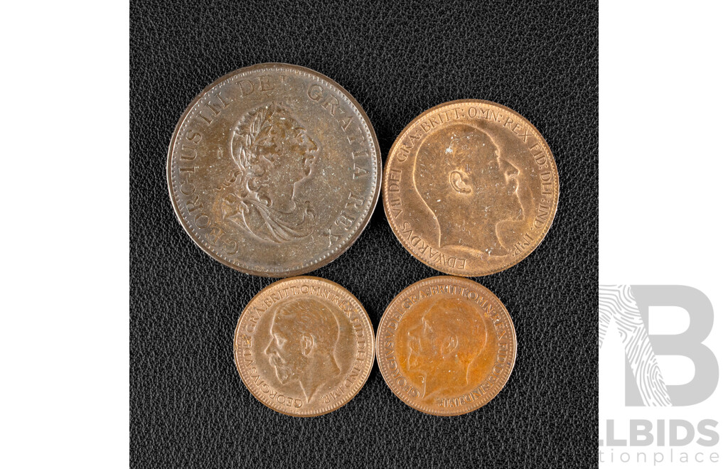 Great Britain 1799 KGIII Half Penny, 1908 KEVII Half Penny, 1928 KGV Farthing, 1932 Farthing