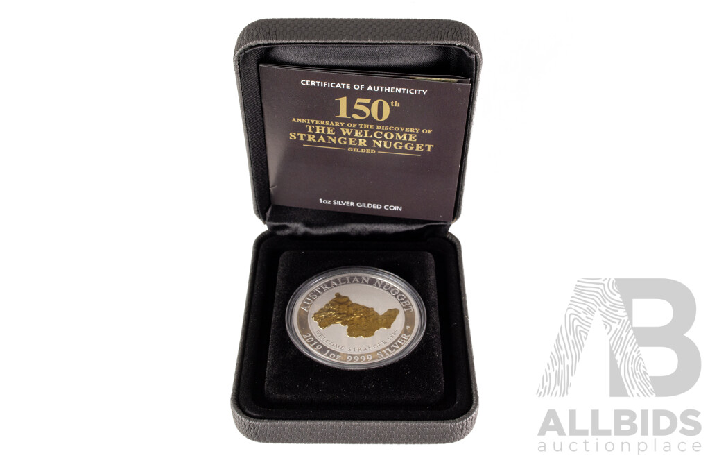 Australian Perth Mint Silver Gilded One Dollar Coin, 150th Anniversary of the Discovery of The Welcome Stranger Nugget .999