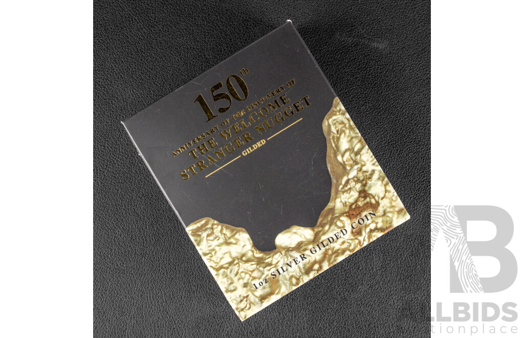 Australian Perth Mint Silver Gilded One Dollar Coin, 150th Anniversary of the Discovery of The Welcome Stranger Nugget .999