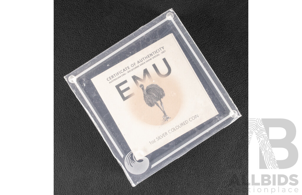 Australian Perth Mint 2021 Silver Coloured One Dollar Coin, Emu, ANDA Melbourne Money Expo .999