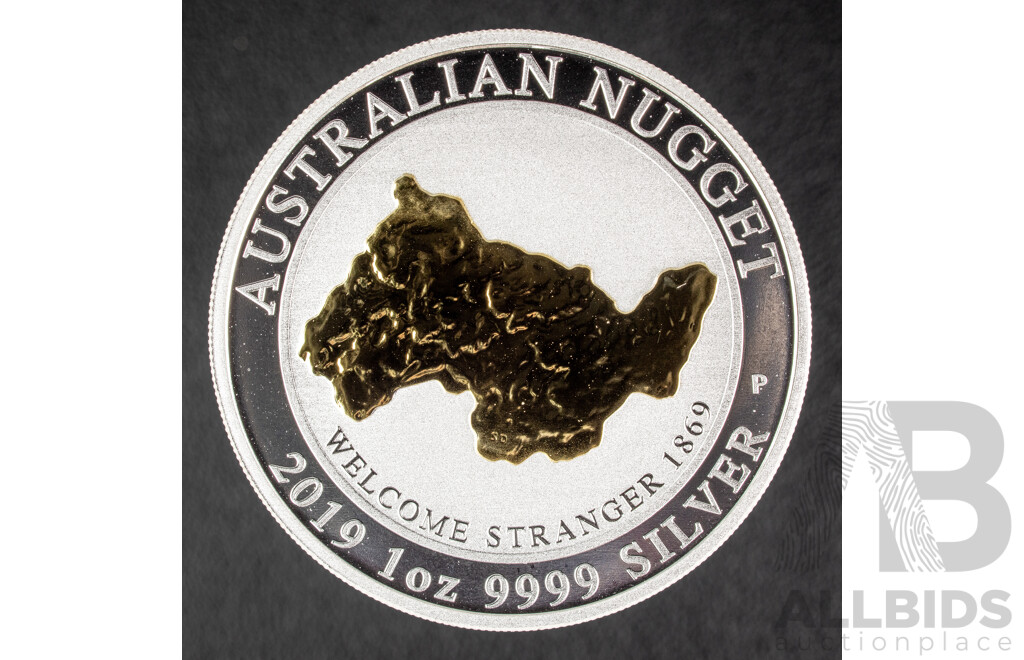 Australian Perth Mint 2019 One Dollar Silver Gilded Coin, 150th Anniversary of the Welcome Stranger Nugget .999