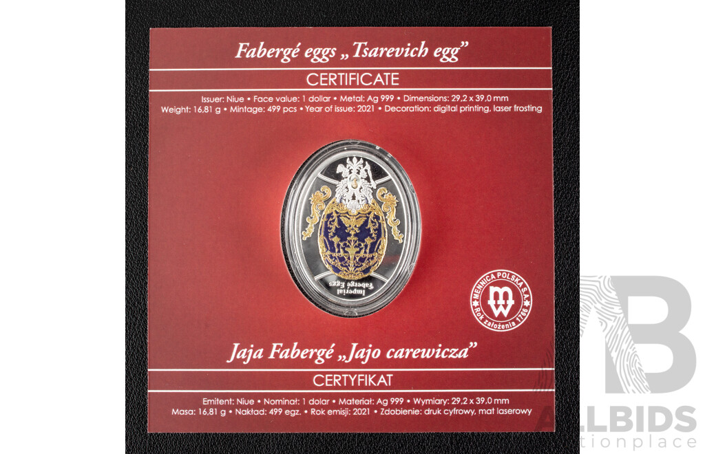 Niue Island 2021 Silver One Dollar Coin, Faberge Eggs - Tsarevich Egg .999