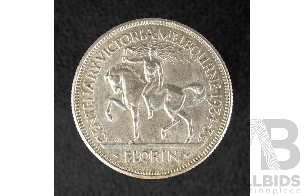 Rare Australian 1934-35 Silver KGV Florin, Commemorative Victoria Centenary, High Grade .925