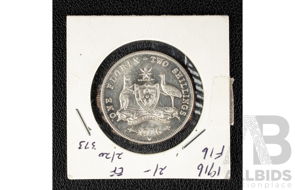 Australian 1916 Silver KGV Florin, Melbourne Mint, High Grade .925