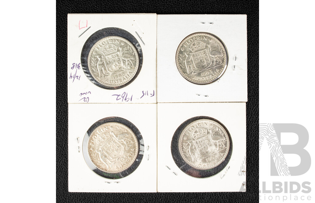 Four Australian KGVI/QE2 Florins, Including 1942, 1959, 1962, 1963, All High Grade