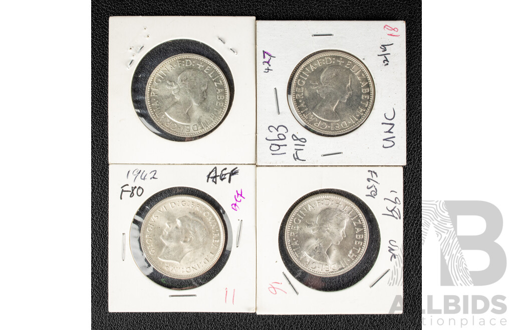 Four Australian KGVI/QE2 Florins, Including 1942, 1959, 1962, 1963, All High Grade