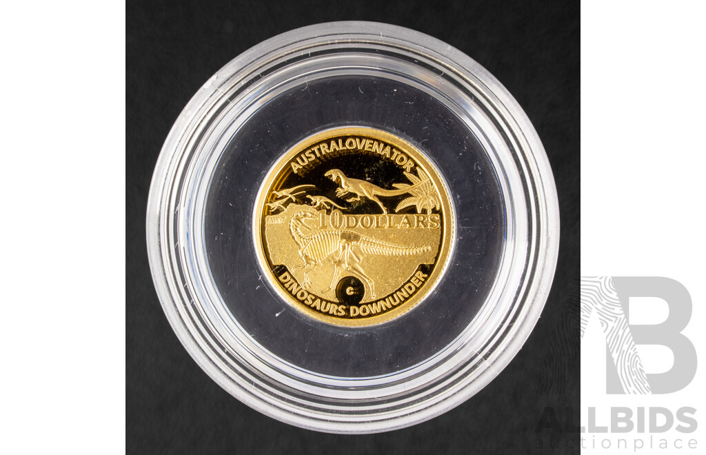 Australian RAM 2022 Gold Proof Ten Dollar Coin, Dinosaurs Down Under, Muttaburrasaurus, C Mint Mark .999