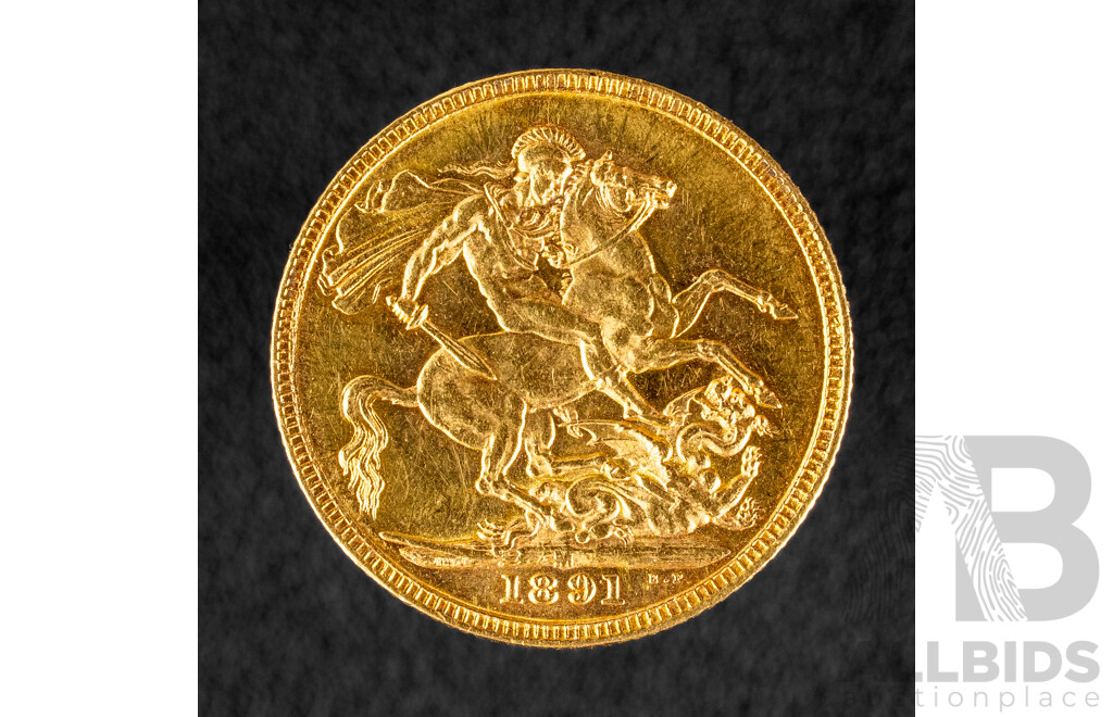 Australian 1891 QV Gold Sovereign, Melbourne Mint .917
