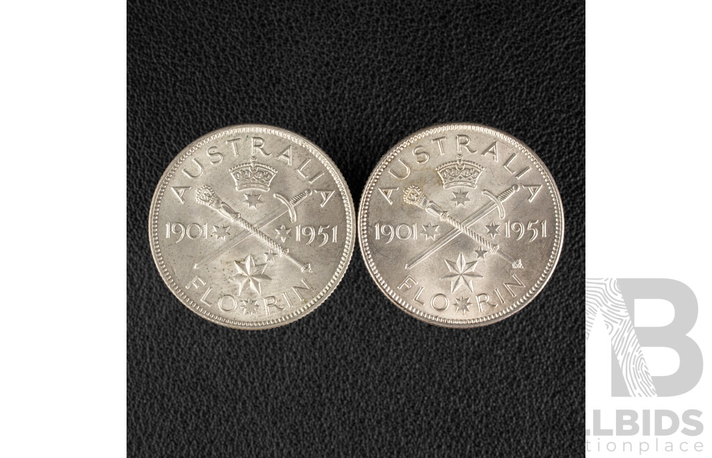 Two Australian 1951 KGVI Silver Florins, Federation Commemorative, High Grade .500
