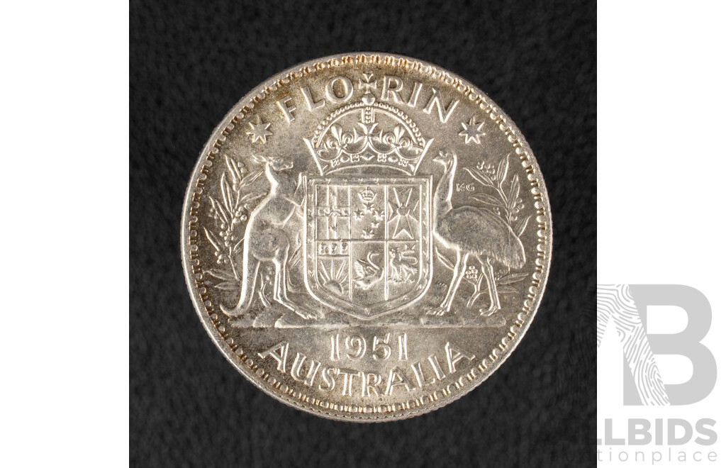 Australian 1951 KGVI Silver Florin, High Grade .500