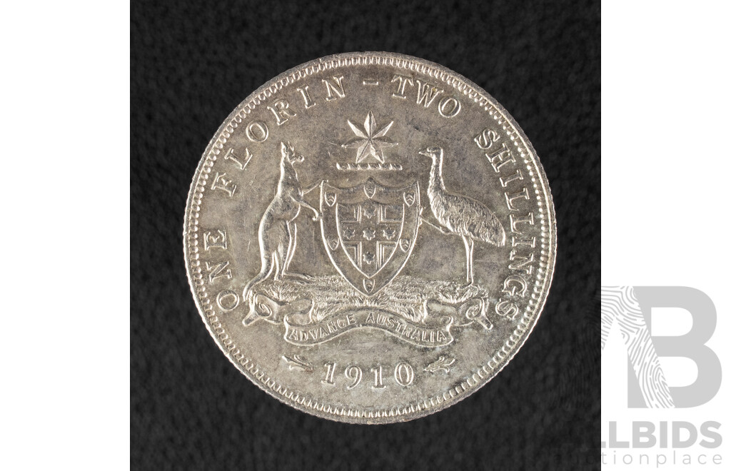 Australian 1910 KEVII Silver Florin, High Grade .925
