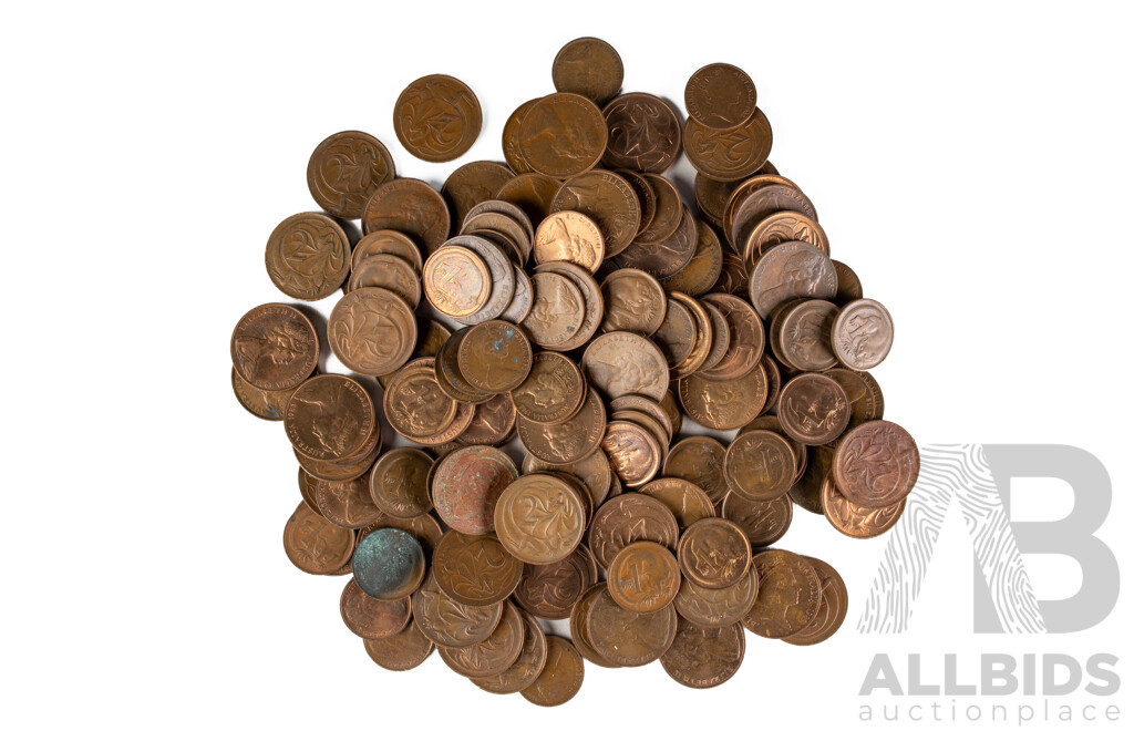 Collection of Australian One and Two Cent Coins, Examples Spanning 1966 to 1989