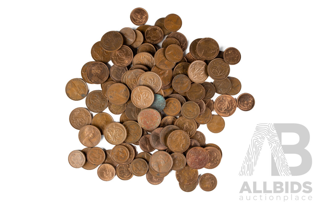 Collection of Australian One and Two Cent Coins, Examples Spanning 1966 to 1989