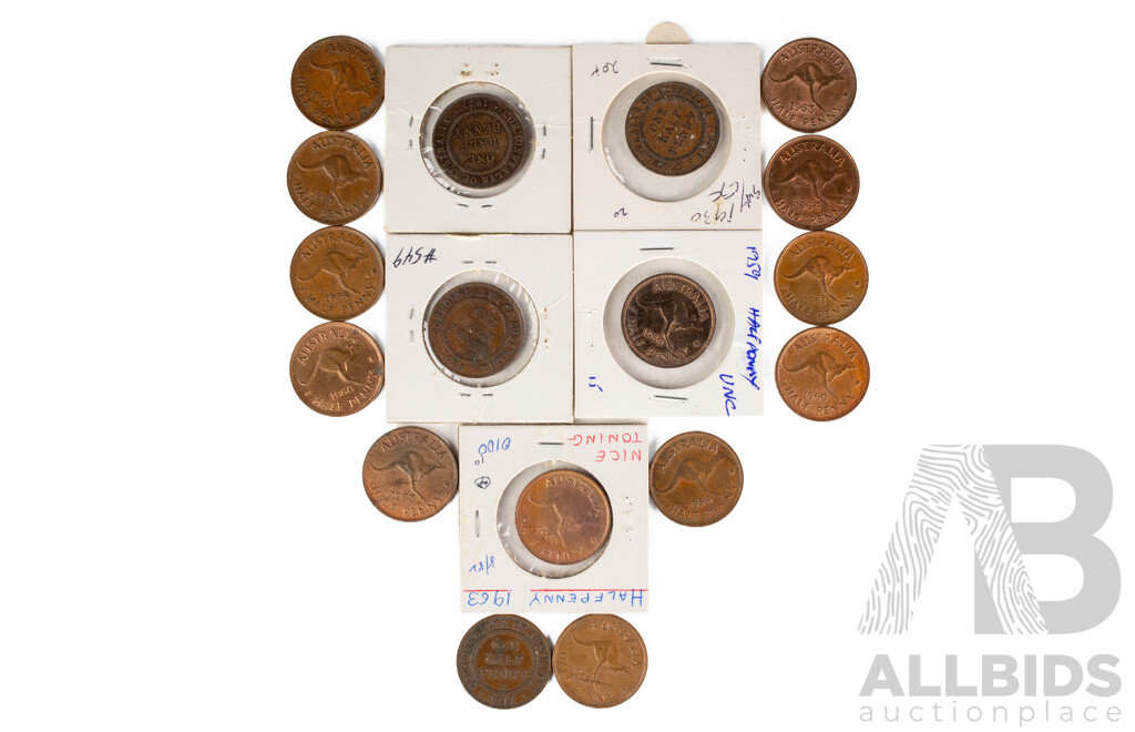 Collection of Australian Half Pennies Including 1917I, 1925, 1931, 1930, 1959 and 1963 High Grade, 1953, 1954, 1960, 1962, 1963, 1964