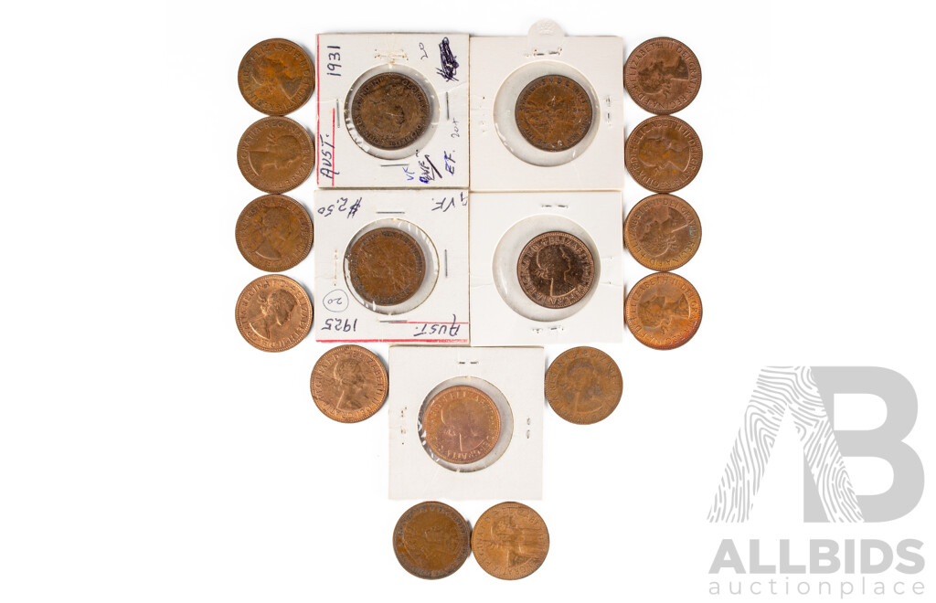 Collection of Australian Half Pennies Including 1917I, 1925, 1931, 1930, 1959 and 1963 High Grade, 1953, 1954, 1960, 1962, 1963, 1964