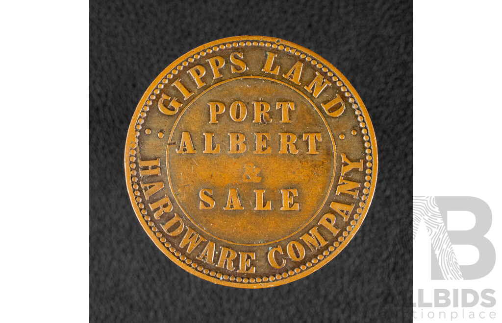 Australian 1862 Gipps Land Hardware Company  Port Albert and Sale One Penny Token