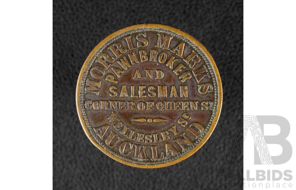 New Zealand Cica 1880 Morris Marks Pawnbroker and Salesman One Penny Token