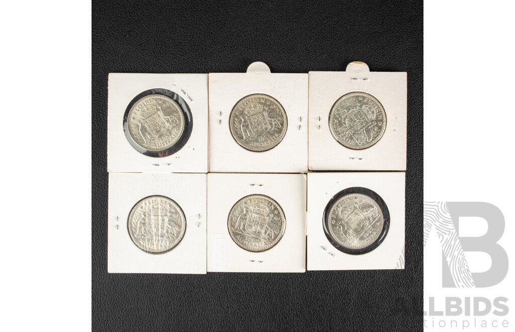 Six Australian QE2 Silver Florins Including 1958, 1959, 1960, 1961, 1962, 1963, All High Grade .500