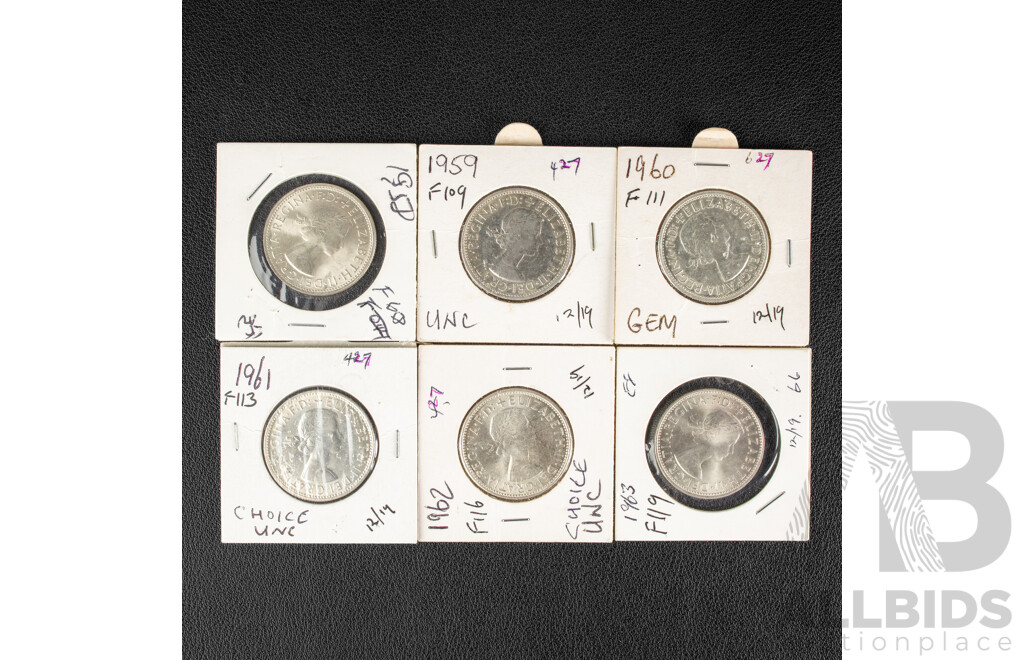Six Australian QE2 Silver Florins Including 1958, 1959, 1960, 1961, 1962, 1963, All High Grade .500