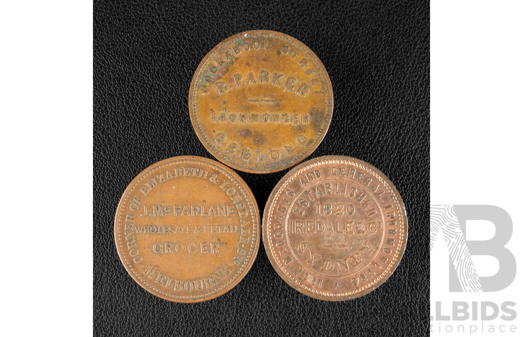 Three Australian Antique Merchant Tokens Including J.M McFarlane Grocer, Circa 1850, R. Parker Ironmonger, Cira 1857, Iredale & Co Iron Merchants, Cica 1857