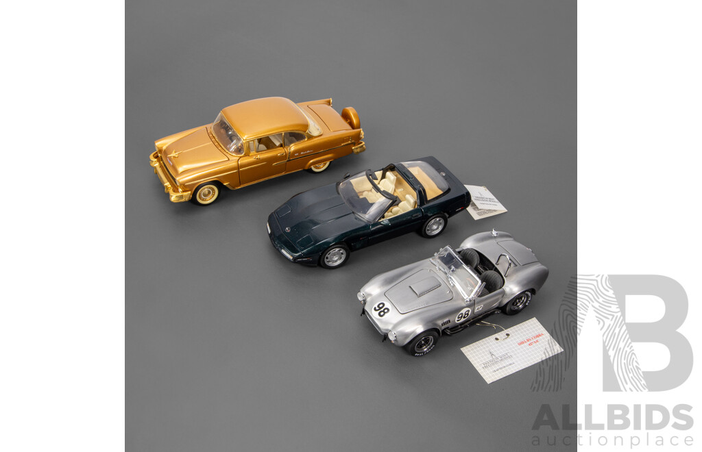 Three Franklin Mint Diecast Classic American Cars Including 1955 Chevrolet Belair, 1993 Corvette ZR-1, 1965 Shelby Cobra 427 S/C