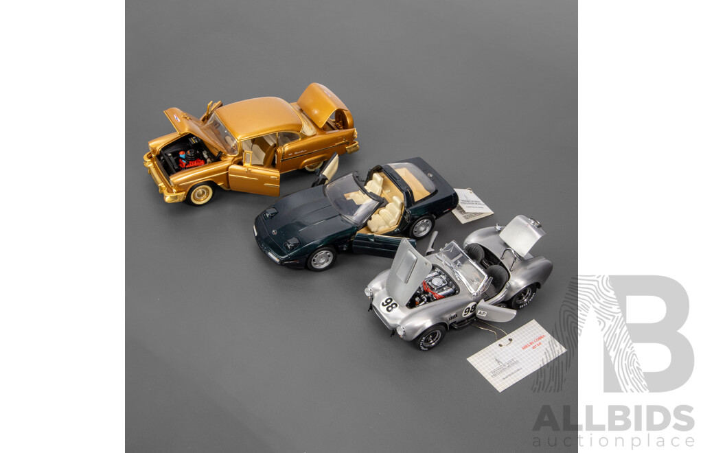 Three Franklin Mint Diecast Classic American Cars Including 1955 Chevrolet Belair, 1993 Corvette ZR-1, 1965 Shelby Cobra 427 S/C