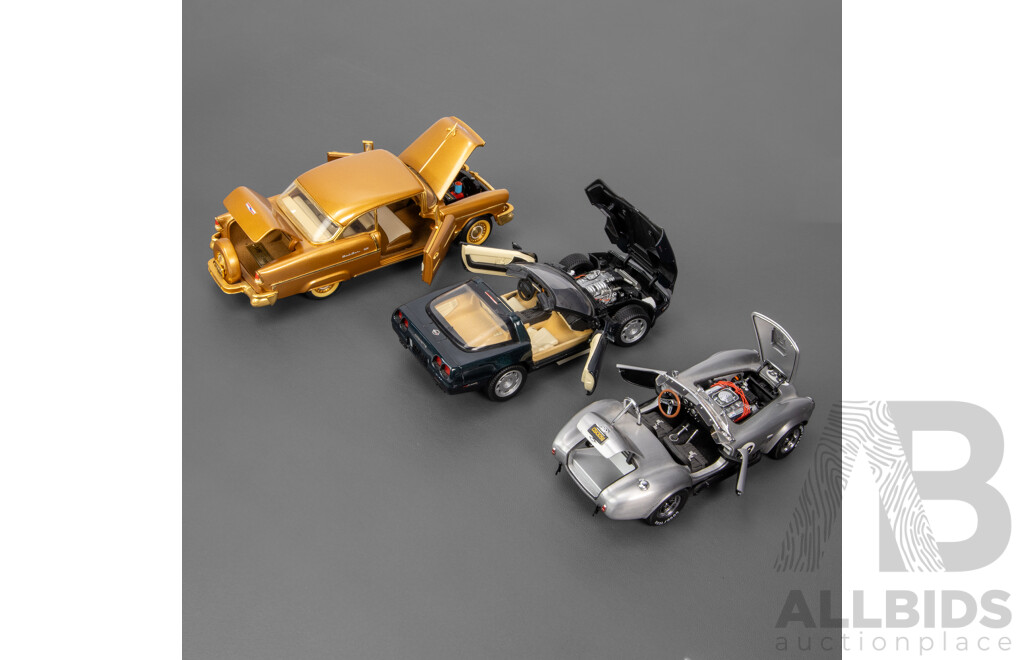 Three Franklin Mint Diecast Classic American Cars Including 1955 Chevrolet Belair, 1993 Corvette ZR-1, 1965 Shelby Cobra 427 S/C