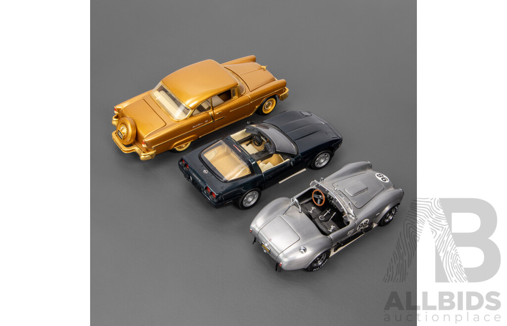 Three Franklin Mint Diecast Classic American Cars Including 1955 Chevrolet Belair, 1993 Corvette ZR-1, 1965 Shelby Cobra 427 S/C