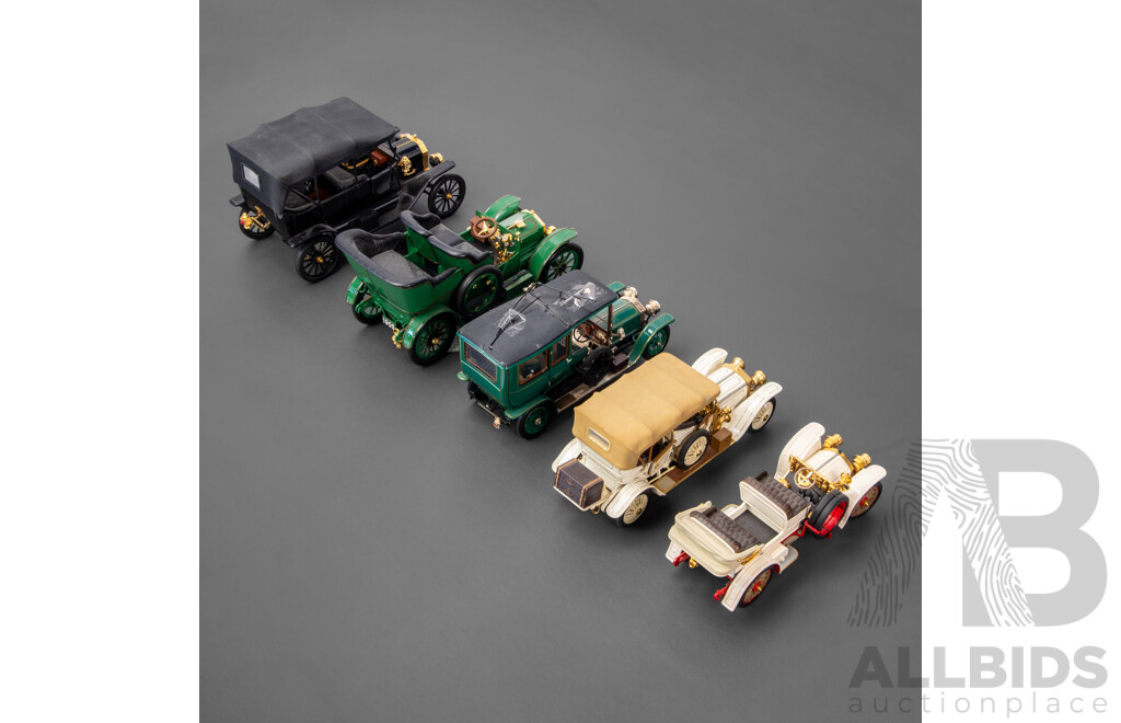 Five Franklin Mint Diecast Classic Cars Including 1913 Ford Model T, 1907 Rolls Royce Silver Ghost, 1911 Rolls Royce Tourer, 1905 Rolls Royce Open Top, 1904 Mercedes Simplex