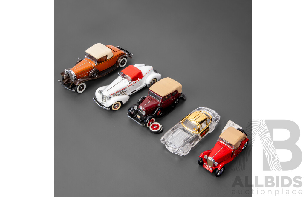 Five Diecast and Glass Classic Cars Including Danbury Mint 1932 Cadillac V16 Roadster, 1935 Auburn Speedster, 1932 Ford Sedan, Franklin Mint 1948 MG TC Roadster, Glass and Gilt 1954 Mercedes Benz Gullwing