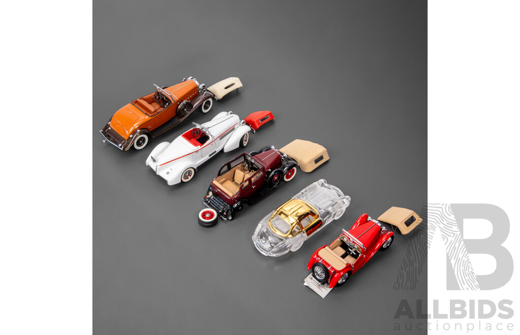 Five Diecast and Glass Classic Cars Including Danbury Mint 1932 Cadillac V16 Roadster, 1935 Auburn Speedster, 1932 Ford Sedan, Franklin Mint 1948 MG TC Roadster, Glass and Gilt 1954 Mercedes Benz Gullwing