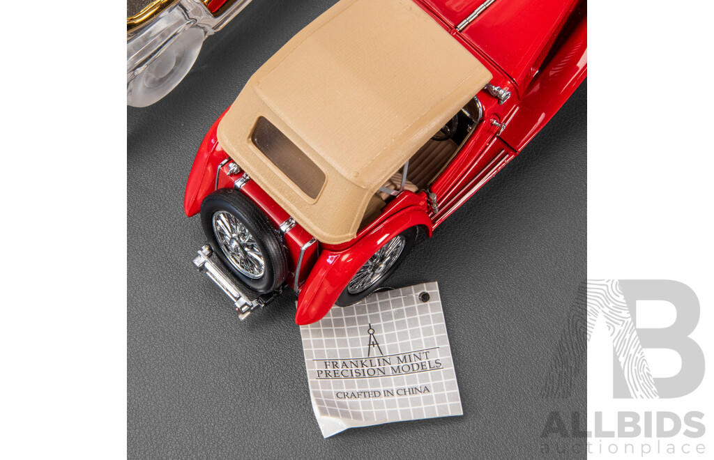 Five Diecast and Glass Classic Cars Including Danbury Mint 1932 Cadillac V16 Roadster, 1935 Auburn Speedster, 1932 Ford Sedan, Franklin Mint 1948 MG TC Roadster, Glass and Gilt 1954 Mercedes Benz Gullwing