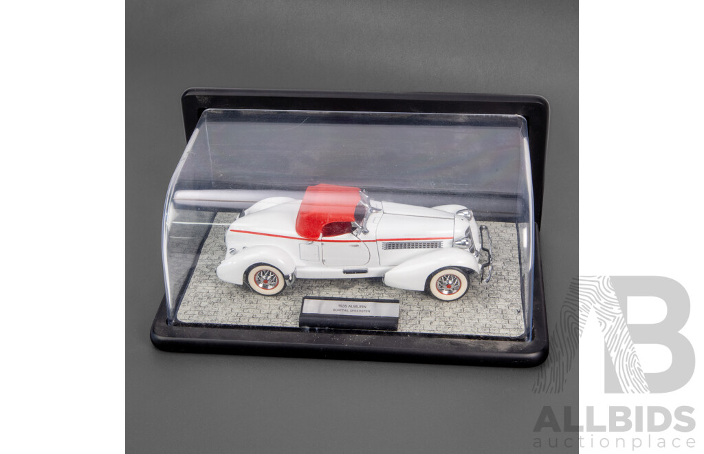 Five Diecast and Glass Classic Cars Including Danbury Mint 1932 Cadillac V16 Roadster, 1935 Auburn Speedster, 1932 Ford Sedan, Franklin Mint 1948 MG TC Roadster, Glass and Gilt 1954 Mercedes Benz Gullwing