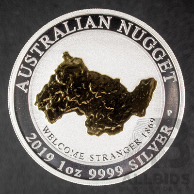 Australian Perth Mint 2019 One Dollar Silver Gilded Coin, 150th Anniversary of the Welcome Stranger Nugget .999