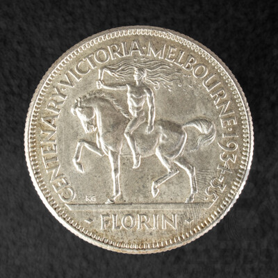 Rare Australian 1934-35 Silver KGV Florin, Commemorative Victoria Centenary, High Grade .925