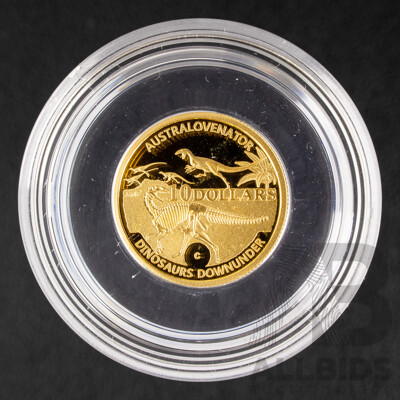 Australian RAM 2022 Gold Proof Ten Dollar Coin, Dinosaurs Down Under, Muttaburrasaurus, C Mint Mark .999