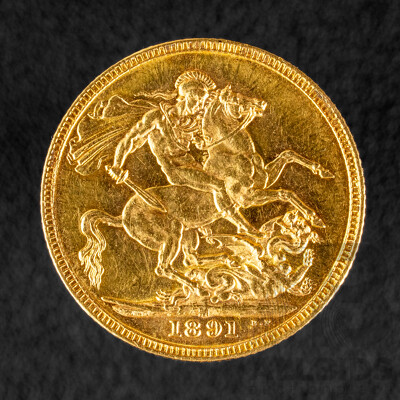 Australian 1891 QV Gold Sovereign, Melbourne Mint .917